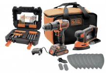 BLACK DECKER + 18V instrumentų komplektas BCK23S1SA41: akumuliatorinis plaktukas + belaidė pelė (juoda / oranžinė, 1,5 Ah ličio jonų baterija, 41 dalių priedų rinkinys).