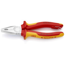 COMBINATION PLIERS CHROME PLATED, HANDLES INSULATED WITH MULTI-COMPONENT GRIPS, VDE-TESTED, WITH INTEGRATED INSULATED TETHER ATTACHMENT POINT, 0306180TBK KNIPEX