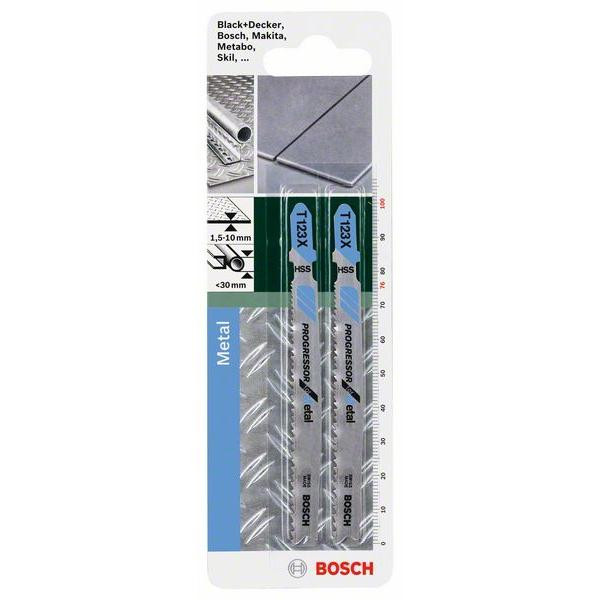 2 figūrzāģa asmeņi HSS T 123 X. 74 mm, HSS JIGSAW BLADE, T 123 XF "PROGRESSOR FOR METAL", 2609256735 BOSCH