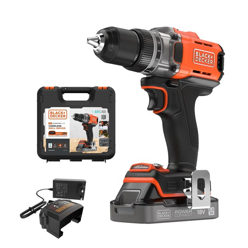 18 V gręžtuvas su 2,0 Ah SOC baterija, 1 A įkroviklis BCD382D1XK-QW BLACK DECKER