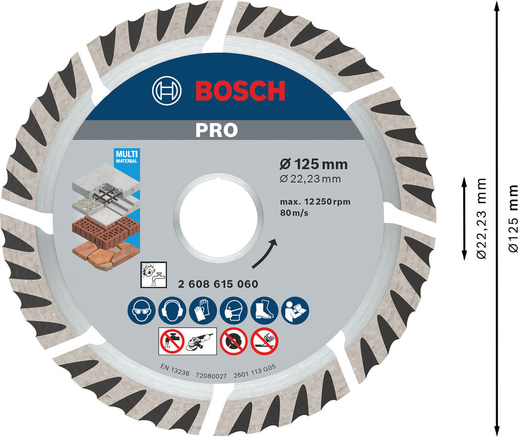 Dimanta grieš. disks * Universal 125mm 10gab, Mazām leņķa slīpmašīnām PRO MULTI MATERIAL DIMANTA GRIEZĒJDISKS, 2608615060, BOSCH