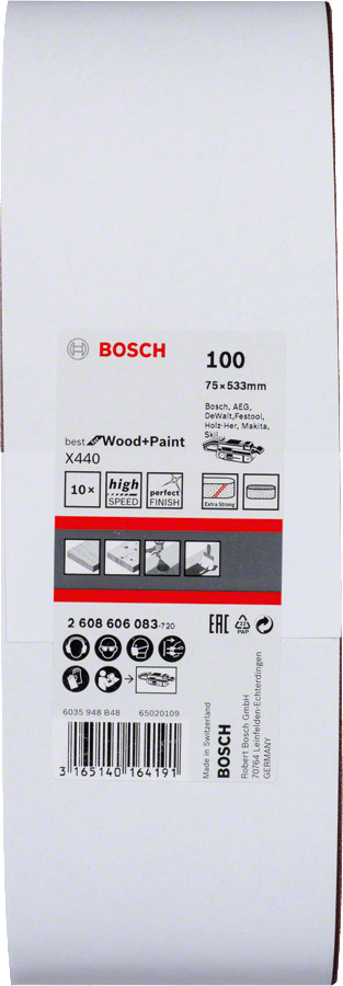 Slīplente kokam 75x533,K 100, 10 gab., Lentes slīpmašīnām PRO X440 SLĪPLENTA, 2608606083, BOSCH