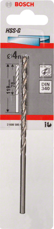 HSS-G  urbis metālam 4,0x119 mm, 1 gab, Urbjmašīnām/skrūvgriežiem GARŠ SLĪPĒTS HSS SPIRĀLVEIDA URBIS, 2608595679, BOSCH