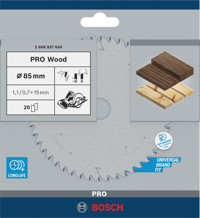 Standard for Wood 85x15x1.1/0.7x20T, Rokas ripzāģiem PRO WOOD CORDLESS RIPZĀĢA ASMENS, 2608837666, BOSCH