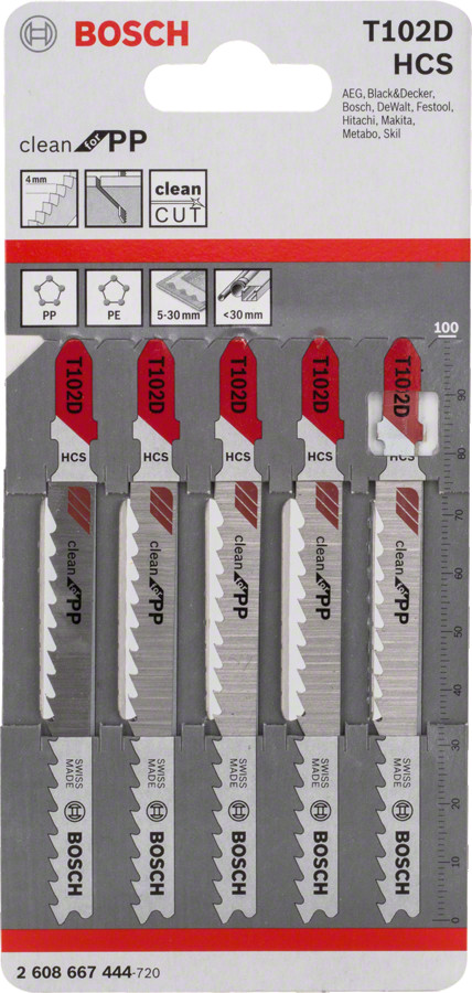 5 figūrzāģa asmeņi T 102 D, Clean for PP, Figūrzāģiem PRO PLASTICS PP CLEAN T102D FIGŪRZĀĢA ASMENS, 2608667444, BOSCH