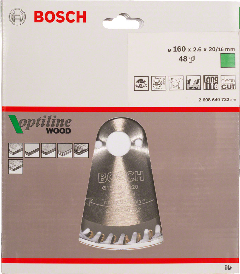 Ripzāģa disks 160x20/16 Optiline Wood, Rokas ripzāģiem PRO WOOD RIPZĀĢA ASMENS, 2608640732, BOSCH