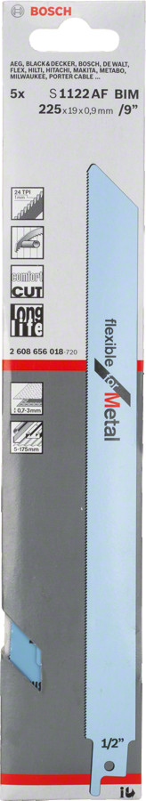 5 zobenzāģa asmeņi S 1122 AF, Zobenzāģiem ZOBENZĀĢA ASMENS S 1122 AF FLEXIBLE FOR METAL, 2608656018, BOSCH