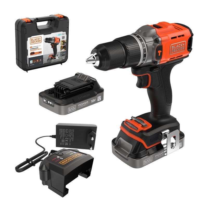 18V Hammer Drill with 2 X 2.0Ah SOC Battery, 1A charger in Kitbox BCD383D2XK-QW BLACK DECKER