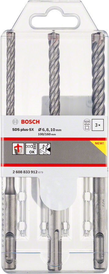 3 SDS plus-5X komplekts 6/8/10 mm, Perforatora urbjiem, smalcinātājiem PRO SDS PLUS-5X PERFORATORU TRIECIENURBJU KOMPLEKTS, 2608833912, BOSCH