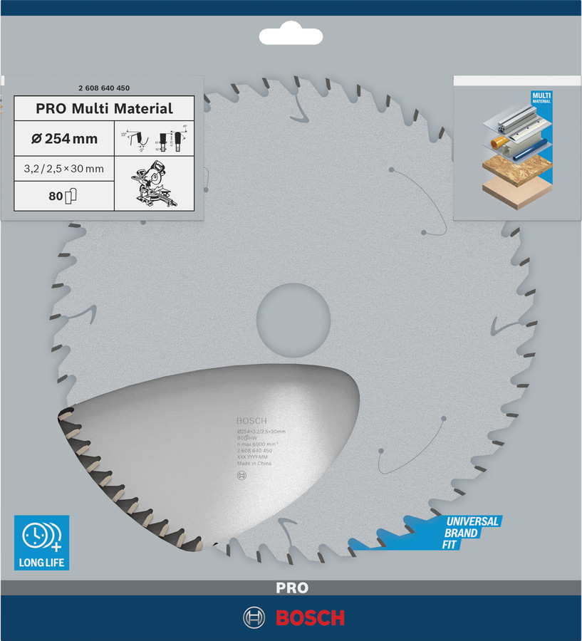 Stacionārā Ripzāģa disks 254x30x80 multi material, Paneļzāģiem PRO MULTI MATERIAL RIPZĀĢA ASMENS, 2608640450, BOSCH