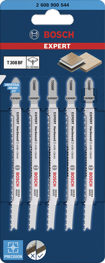 5  figūrzāģa asmeņi T308BF Hardwood clean, Figūrzāģiem EXPERT HARDWOOD 2-SIDE CLEAN T308BF FIGŪRZĀĢA ASMENS, 2608900544, BOSCH