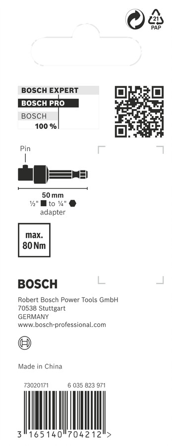 Pāreja muciņām 1/4'' --1/2, 50mm, Tiecienskrūvgriežiem, akumulatoru skrūvgriežiem PRO SOCKET ADAPTER AR TAPAS SAVIENOJUMU, 2608551107, BOSCH