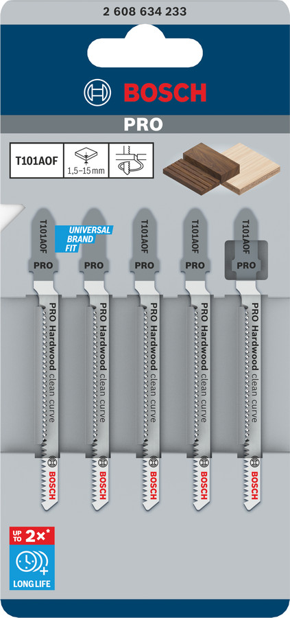 5 figūrzāģa asmeņi T 101 AOF, Figūrzāģiem PRO HARDWOOD CLEAN CURVE T101AOF FIGŪRZĀĢA ASMENS, 2608634233, BOSCH