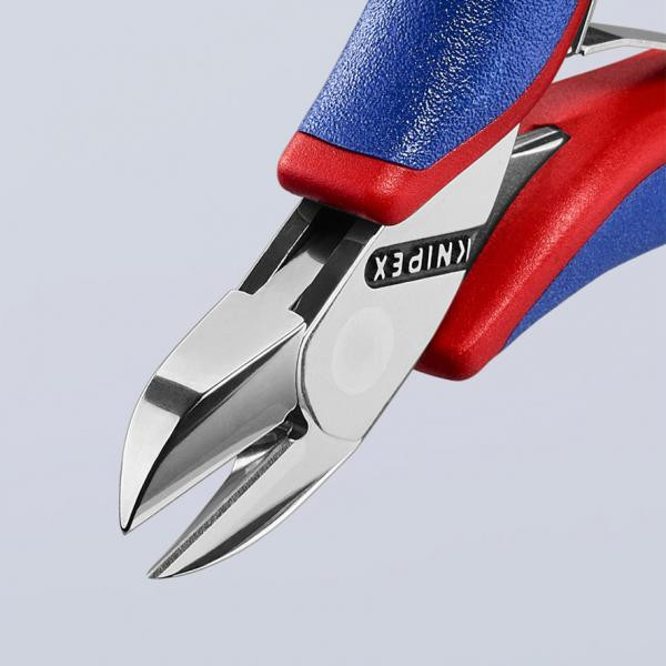 ELECTRONICS DIAGONAL CUTTER HEAD MIRROR POLISHED, HANDLES WITH MULTI-COMPONENT GRIPS, ROUND HEAD, WITH SMALL BEVEL, 7702115SB KNIPEX