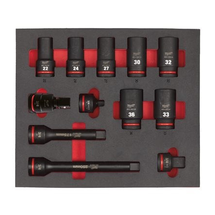 3/4″ SHOCKWAVE™ IMPACT DUTY PUTU IELIKTŅI, 3/4" SOCKETS DEEP FOAM SET 1 (12 PC), 4932493398 MILWAUKEE