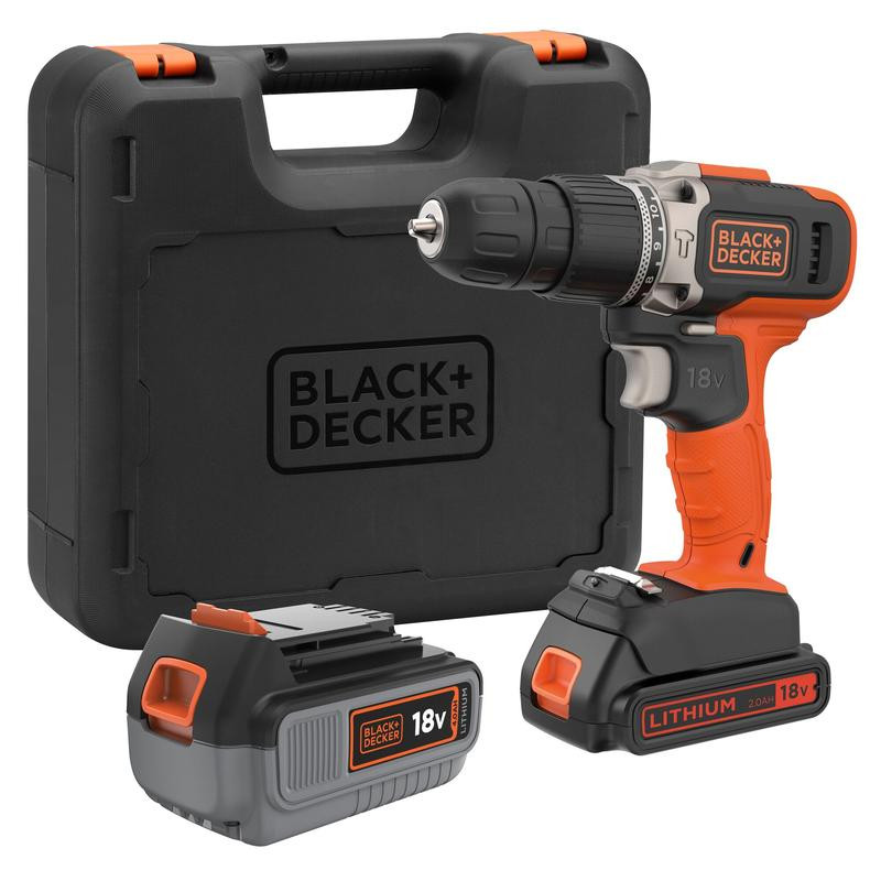 18V 2 Gear Hammer Drill, single sleeve metal chuck, 2x 2.5Ah Battery, 1A Charger, Kitbox BCD003MEM2K-QW BLACK DECKER