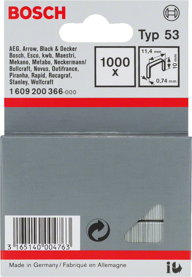 Skavas 53 tips 11,4x10 mm, 1000 gab., Bezvadu/pneimatiskajiem skavotājiem, rokas skavotājiem SMALKSTIEPLES SKAVA, TYPE 53, 1609200366, BOSCH