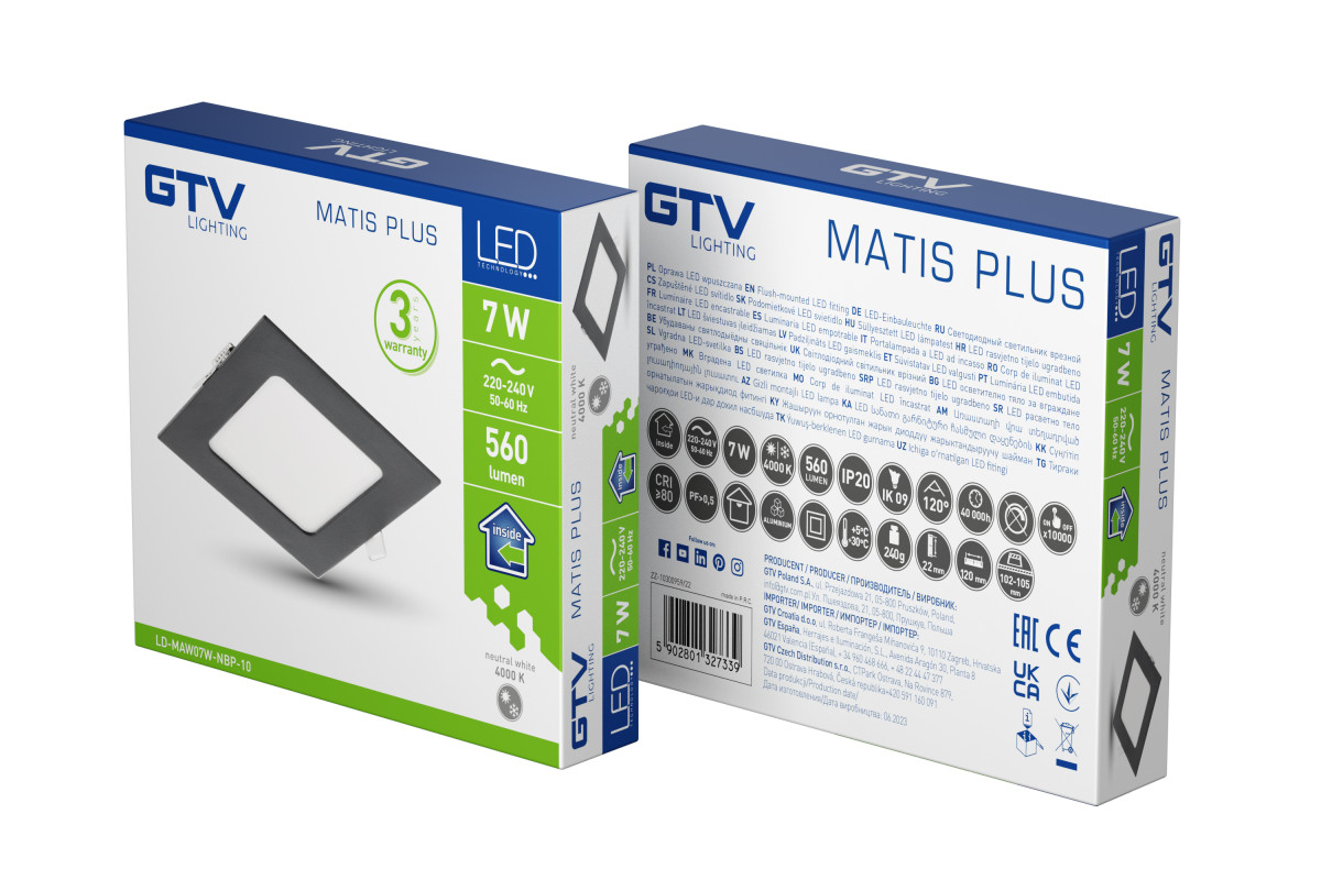 Iebūvējams LED Griestu Panelis MATIS PLUS, melns, 7W, 560lm, 4000K, 120°, IP20 LD-MAW07W-NBP-10 GTV