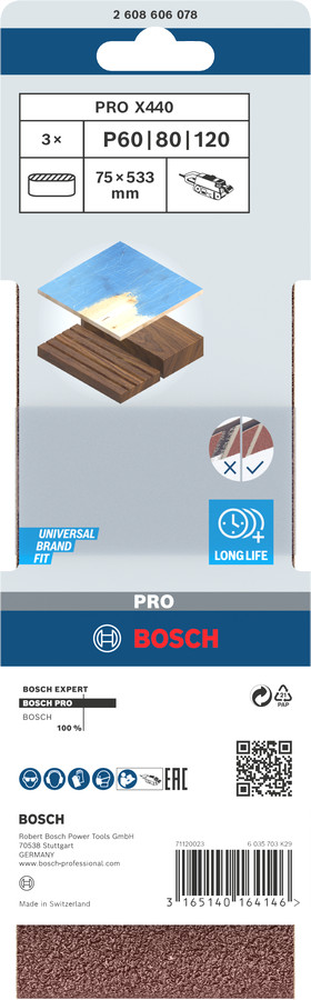 Slīpēšanas lente PRO X440, izturīga un ilgmūžīga, 75x533 mm, 2608606078, BOSCH