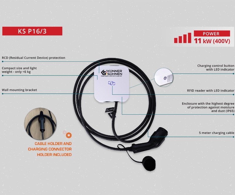 Elektromobilių įkrovimo stotelė 11kW, 400V, KS P16/3, KONNER & SOHNEN