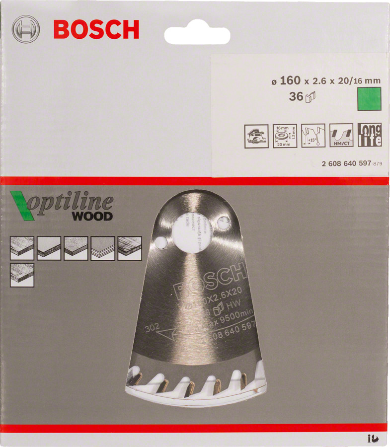 Ripzāģa disks 160x20/16mm Optiline Wood, Rokas ripzāģiem PRO WOOD RIPZĀĢA ASMENS, 2608640597, BOSCH