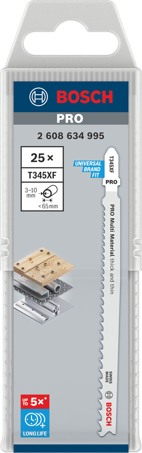 25 figūrzāģa asmeņi T 345 XF (Progressor), Figūrzāģiem PRO MULTI MATERIAL THICK AND THIN T345XF FIGŪRZĀĢA ASMENS, 2608634995, BOSCH