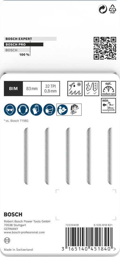 5 figūrzāģa asmeņi T 118 GFS Basic for Inox, Figūrzāģiem PRO STAINLESS STEEL T118GFS FIGŪRZĀĢA ASMENS, 2608636496, BOSCH