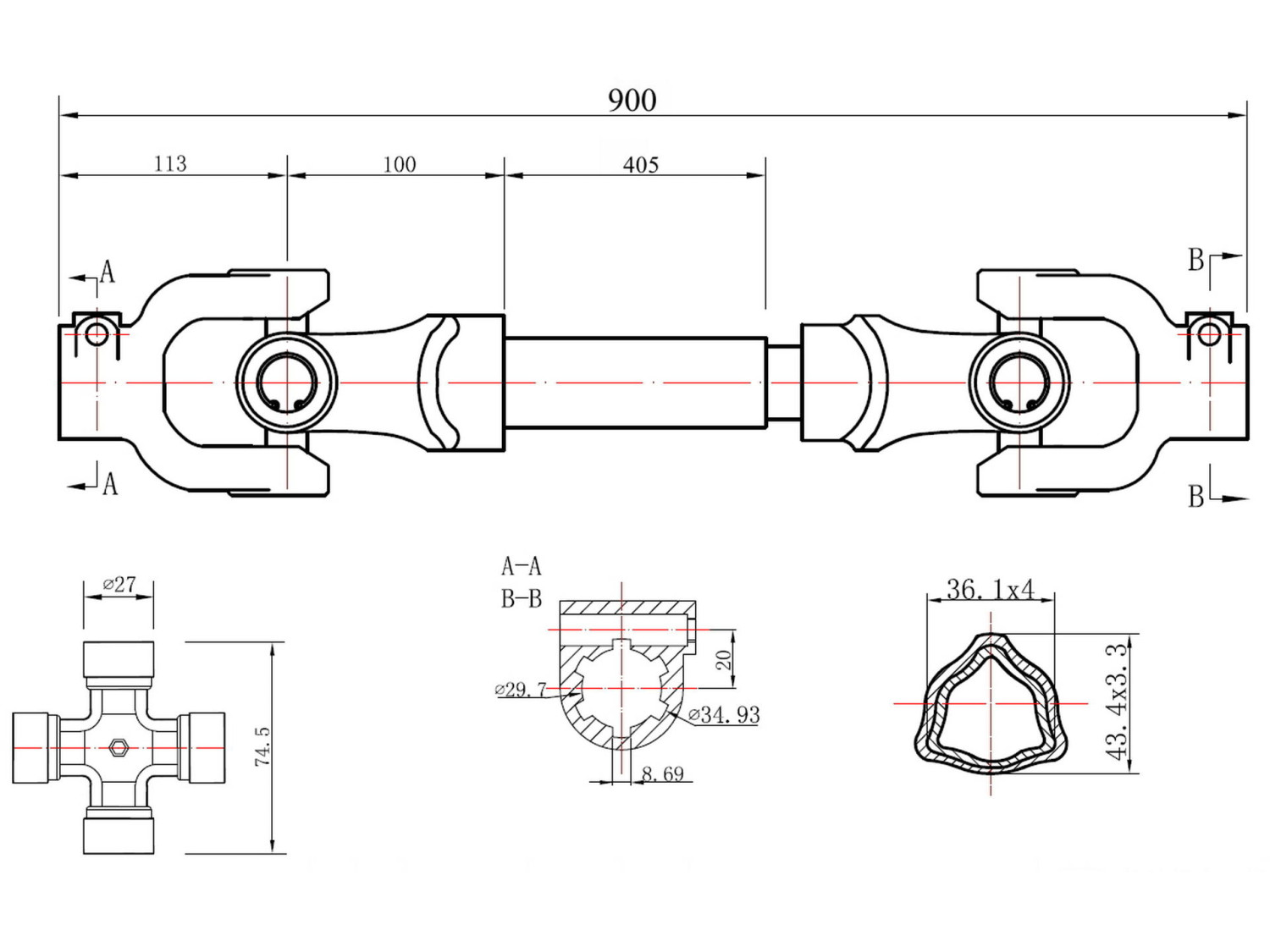 PTO vārpsta, 3-lemon tube tipa, 900mm, ātra montāža, G72304, GEKO