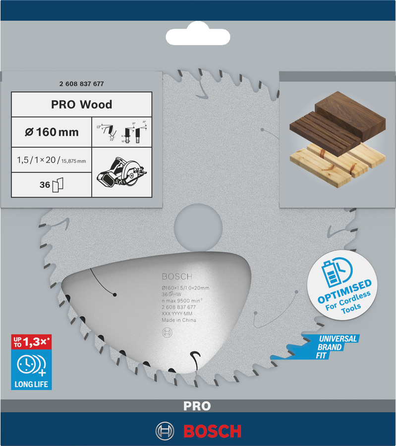 Standard for Wood 160x20/15.875x1.5/1.0x36T, Rokas ripzāģiem PRO WOOD CORDLESS RIPZĀĢA ASMENS, 2608837677, BOSCH