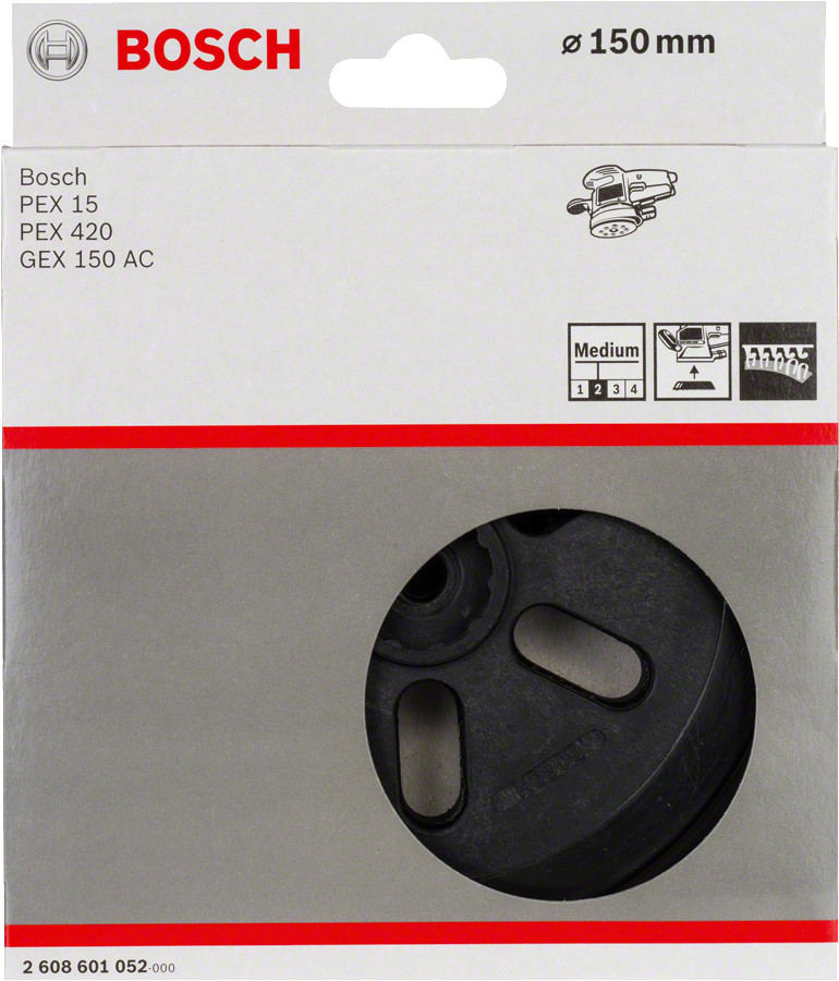 Gumijas slīpēšanas disks vidējs,  D 150 mm, 1 gab, Ekscentra slīpmašīnām SLĪPĒŠANAS PAMATNE AR 6 ATVERĒM, 2608601052, BOSCH