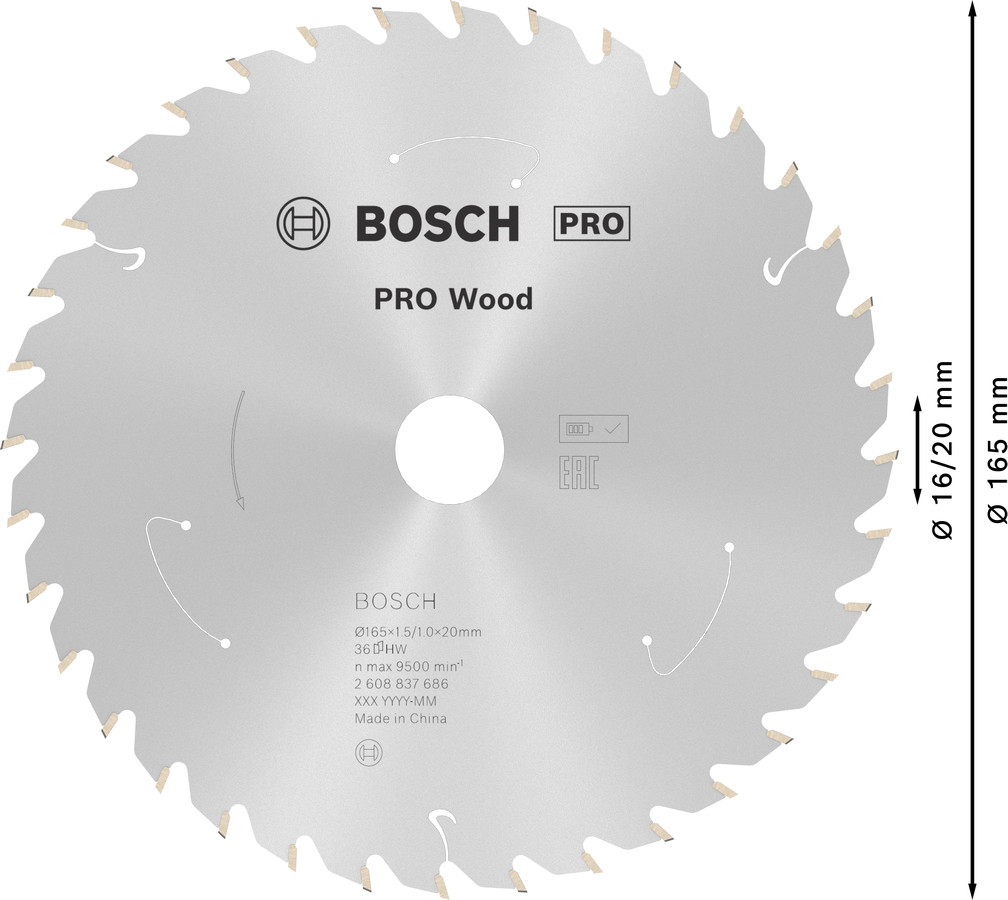 Standard for Wood 165x20/16x1.5/1.0x36T, Rokas ripzāģiem PRO WOOD CORDLESS RIPZĀĢA ASMENS, 2608837686, BOSCH