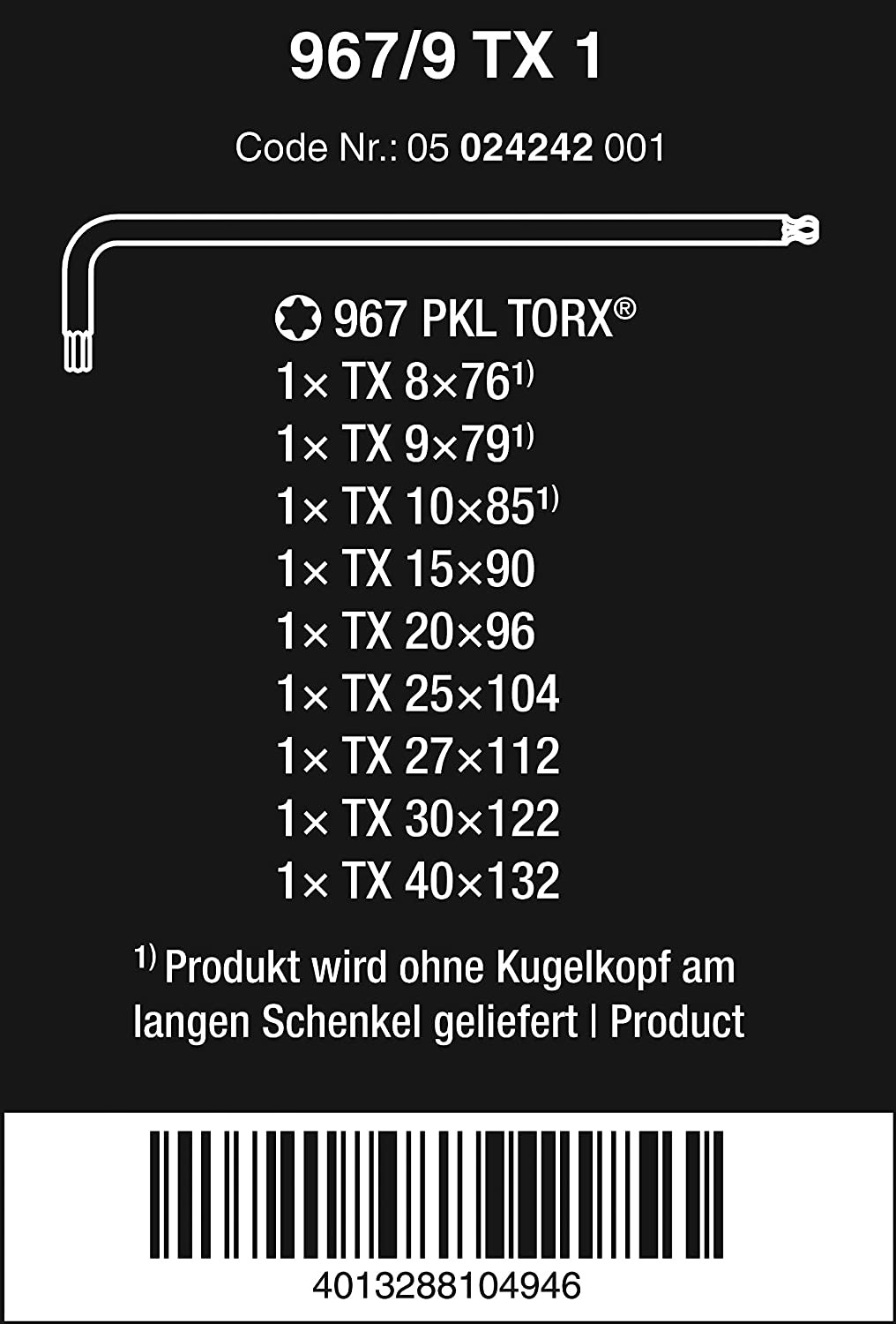 TORX skrūvgriežu komplekts 967/9 TX 1 (9gab.) 05024242001 WERA