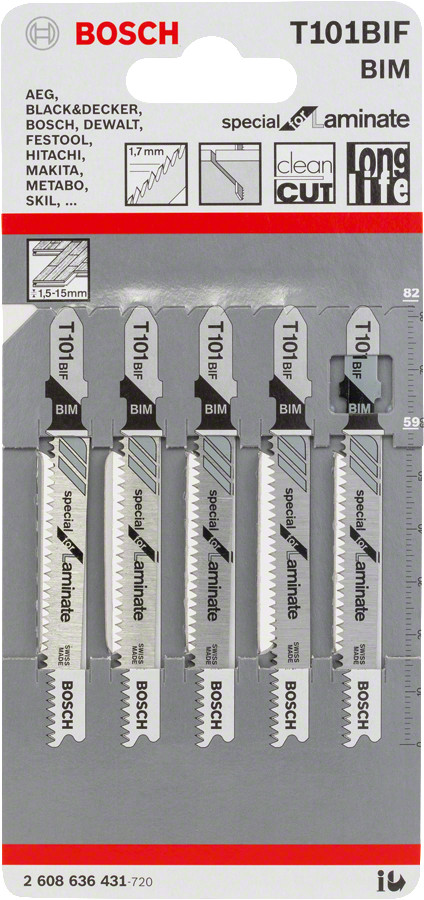 5 figūrzāģa asmeņi T101 BIF Laminate, Figūrzāģiem PRO LAMINATE CLEAN T101BIF FIGŪRZĀĢA ASMENS, 2608636431, BOSCH