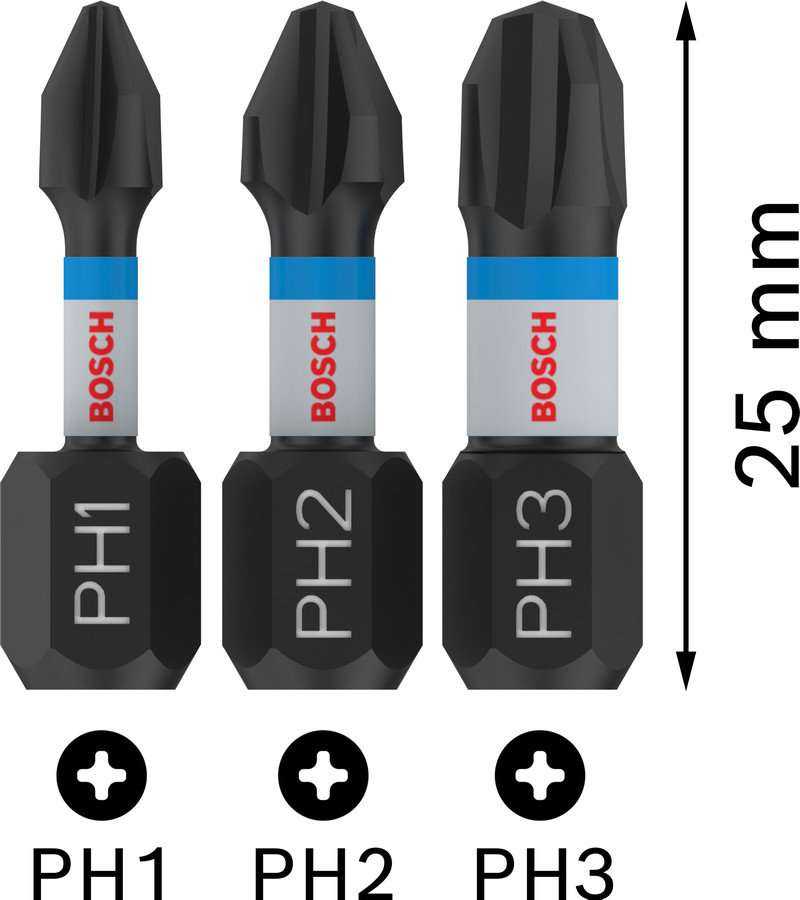 Skrūvgrieža uzg.PH1/2/3 3 gab./ Impact L= 25, Tiecienskrūvgriežiem, akumulatoru skrūvgriežiem PRO IMPACT PH SKRŪVGRIEŽA UZGALIS, 2608522470, BOSCH