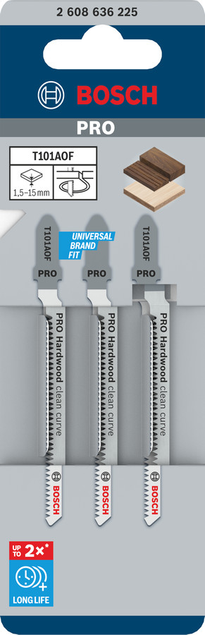 3 figūrzāģa asmeņi Bimet. T 101 AOF, Figūrzāģiem PRO HARDWOOD CLEAN CURVE T101AOF FIGŪRZĀĢA ASMENS, 2608636225, BOSCH