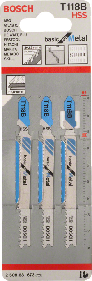 3 figūrzāģa asmeņi T 118 B, Figūrzāģiem FIGŪRZĀĢA ASMENS T 118 B BASIC FOR METAL, 2608631673, BOSCH