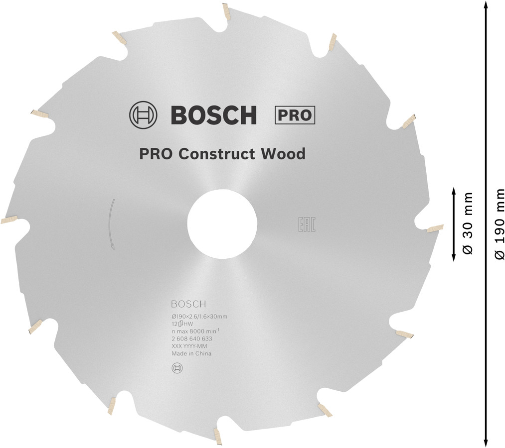 Ripzāģa disks 190x30 mm Construct wood, Rokas ripzāģiem PRO CONSTRUCT WOOD RIPZĀĢA ASMENS, 2608640633, BOSCH