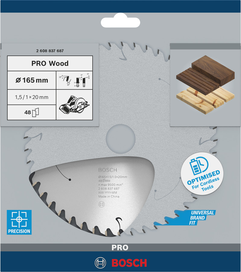 Standard for Wood 165x20x1.5/1.0x48T, Rokas ripzāģiem PRO WOOD CORDLESS RIPZĀĢA ASMENS, 2608837687, BOSCH