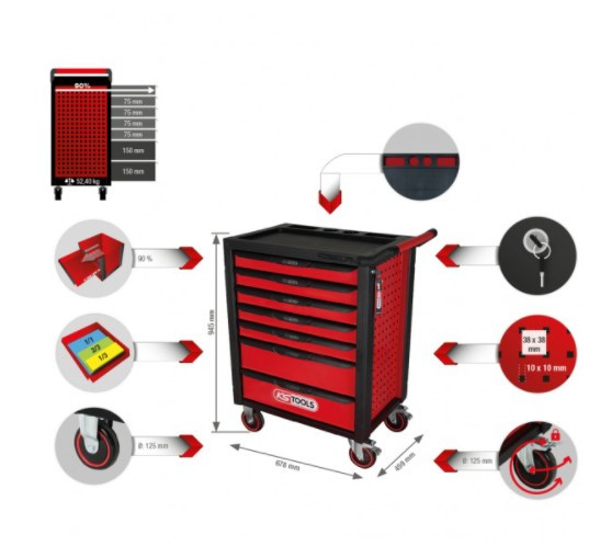 Instrumentu ratiņi RACING line, 7 atvilktnes +598gab. komplekts 826.7598 KSTOOLS