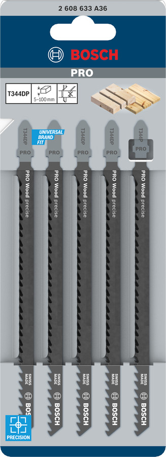 5 figūrzāģa asmeņi T 344 DP, Figūrzāģiem PRO WOOD PRECISE T344DP FIGŪRZĀĢA ASMENS, 2608633A36, BOSCH