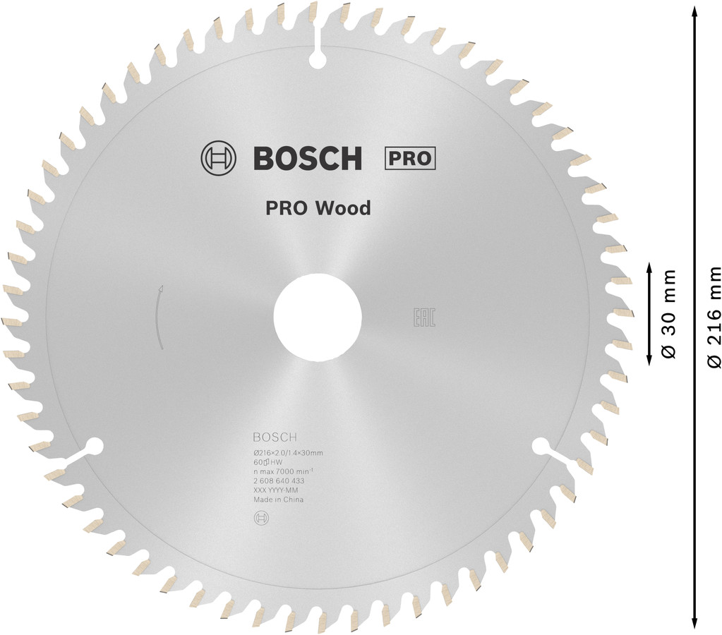 Stacionārā ripzāģa disks 216x30x60, kokam, Paneļzāģiem PRO WOOD RIPZĀĢA ASMENS, 2608640433, BOSCH