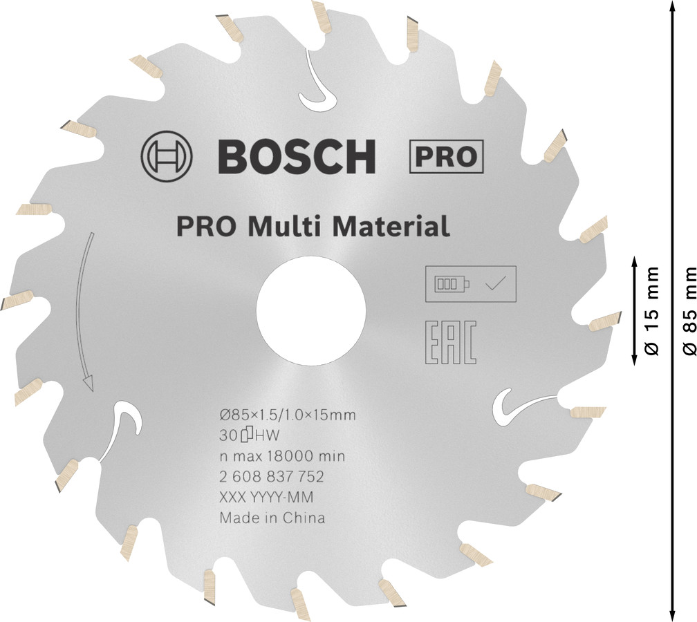 Standard MultiMaterial 85x15x1.5/1.0x30T, Rokas ripzāģiem PRO MULTI MATERIAL CORDLESS RIPZĀĢA ASMENS, 2608837752, BOSCH