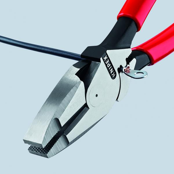 LINEMAN'S PLIERS AMERICAN STYLE BLACK ATRAMENTIZED, HEAD POLISHED, HANDLES WITH NON-SLIP PLASTIC COATING, WITH CABLE PULLING DEVICE AND UNIVERSAL MANDREL CRIMP, 0911240SB KNIPEX