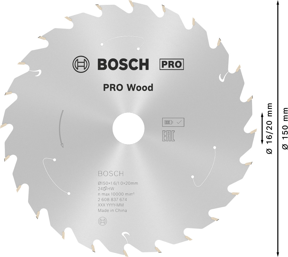 Standard for Wood 150x20/16x1.6/1.0x24T, Rokas ripzāģiem PRO WOOD CORDLESS RIPZĀĢA ASMENS, 2608837674, BOSCH