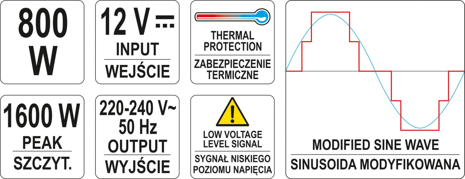 Įtampos keitiklis/ inverteris 12/230V 800W YT-81491 YATO