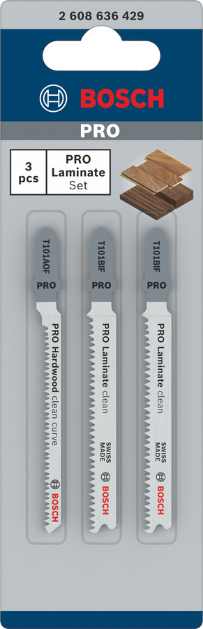 3 figūrzāģa asmeņi laminātam, T-kāts, kompl., Figūrzāģiem PRO LAMINATE KOMPLEKTS, 2608636429, BOSCH