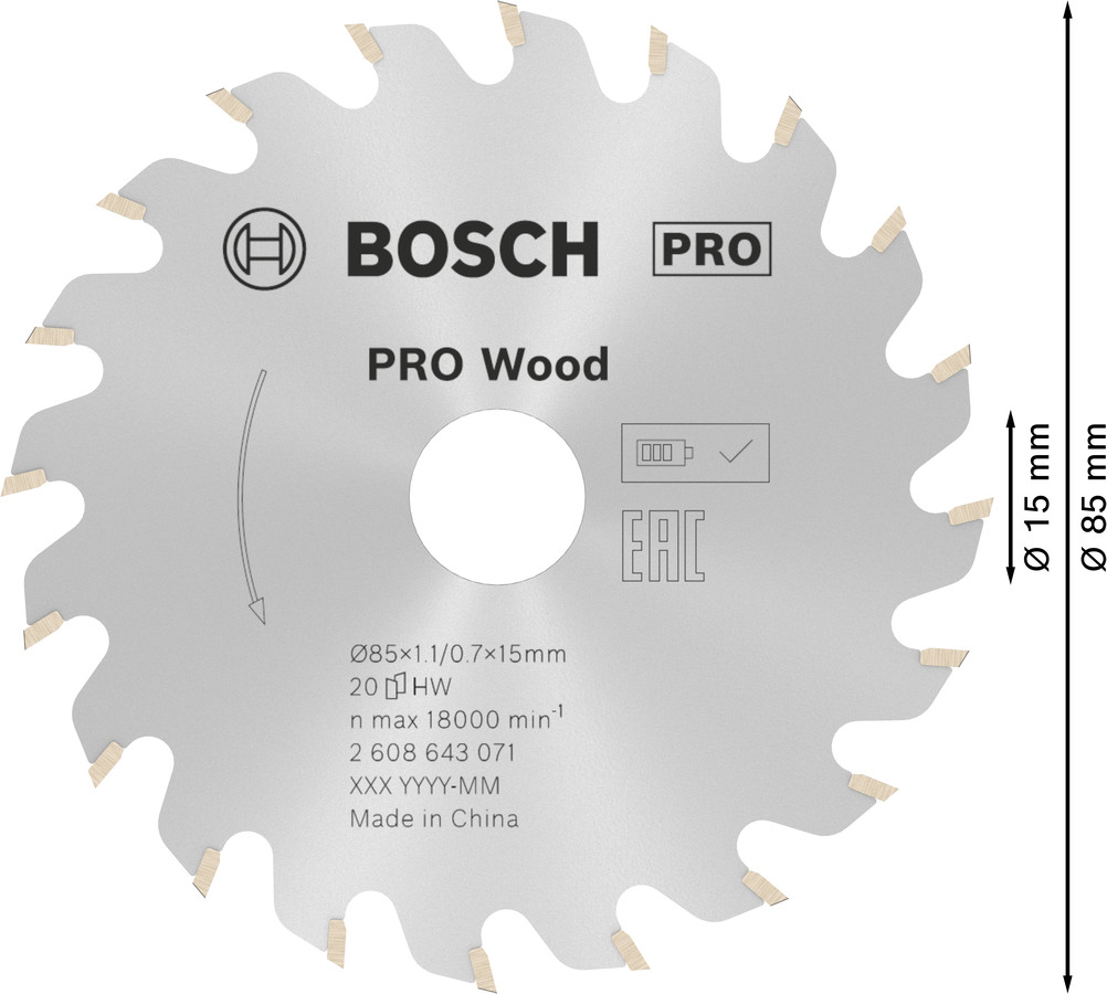 Ripzāģa disks 85x15x1.1/0.7mm, Rokas ripzāģiem PRO WOOD RIPZĀĢA ASMENS, 2608643071, BOSCH