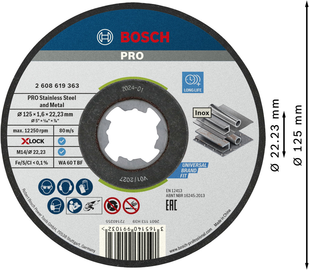 X-LOCK Standard for Inox 125 × 1,6 × 22,23 mm, Mazām leņķa slīpmašīnām PRO STAINLESS STEEL AND METAL GRIEZĒJDISKS AR SAISTVIELĀM, 2608619363, BOSCH