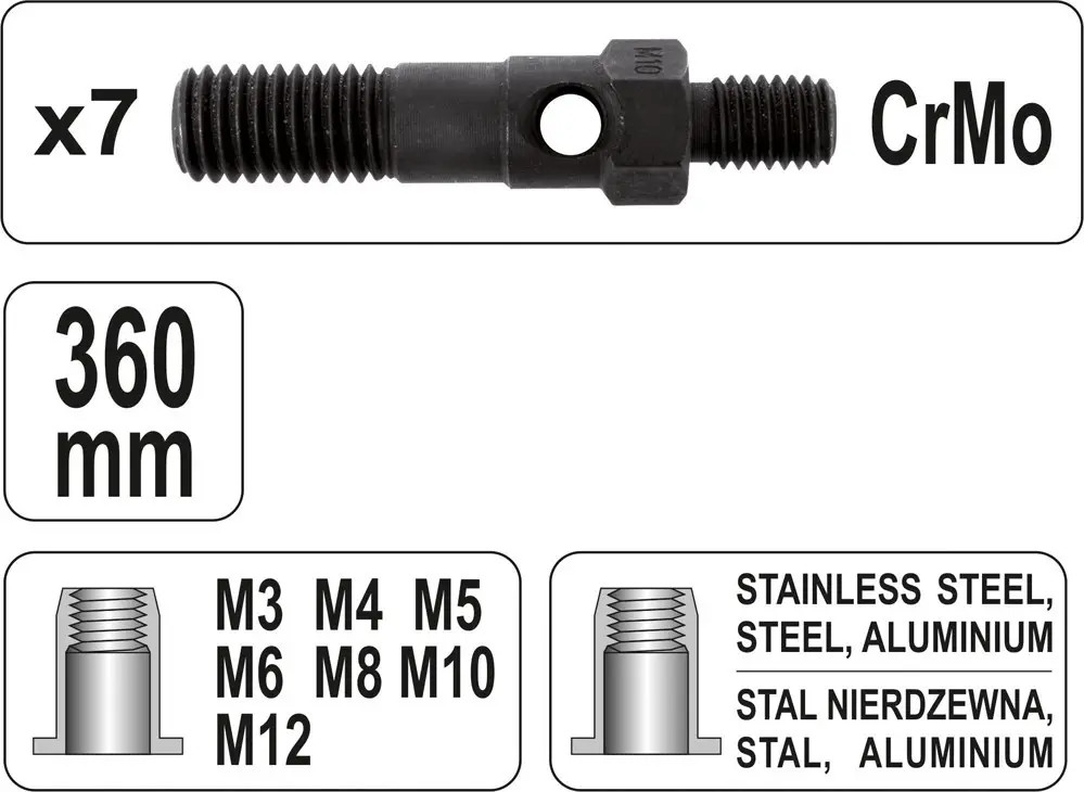 Kniediklis srieginėms ir paprastoms kniedėms M3-M12 YT-36127 YATO