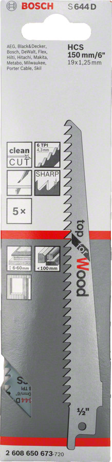 5 zobenzāģa asmeņi S 644 D, Zobenzāģiem ZOBENZĀĢA ASMENS S 644 D TOP FOR WOOD, 2608650673, BOSCH